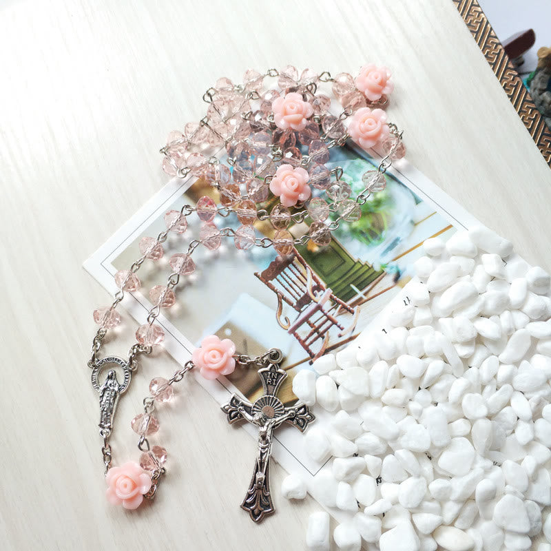 Olivenorma Rose Quartz Jesus Cross Pendant Rosary Necklace