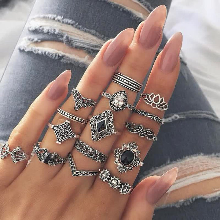 Olivenorma Vintage Obsidian 15 - Piece Ring Set