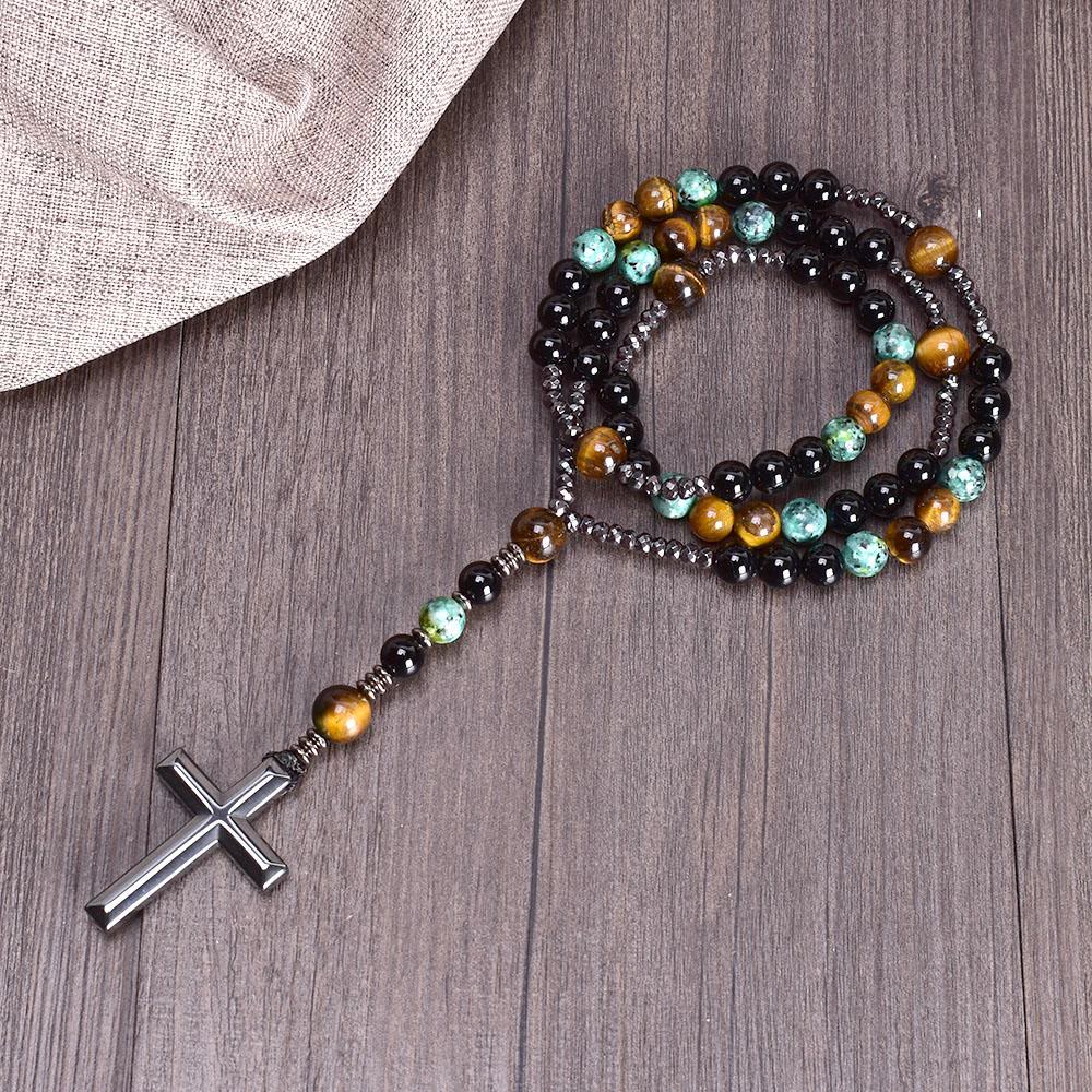 Olivenorma Cross Catholic Natural Stone Rosary Pendant Necklace