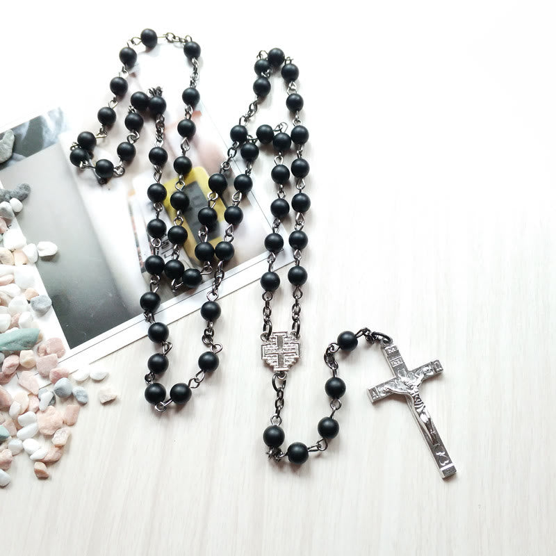 Olivenorma Brushed Black Onyx Cross Rosary Necklace