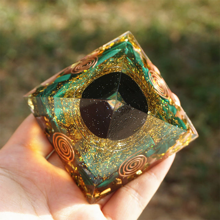 Olivenorma Malachite With Obsidian Sphere Orgone Pyrammid