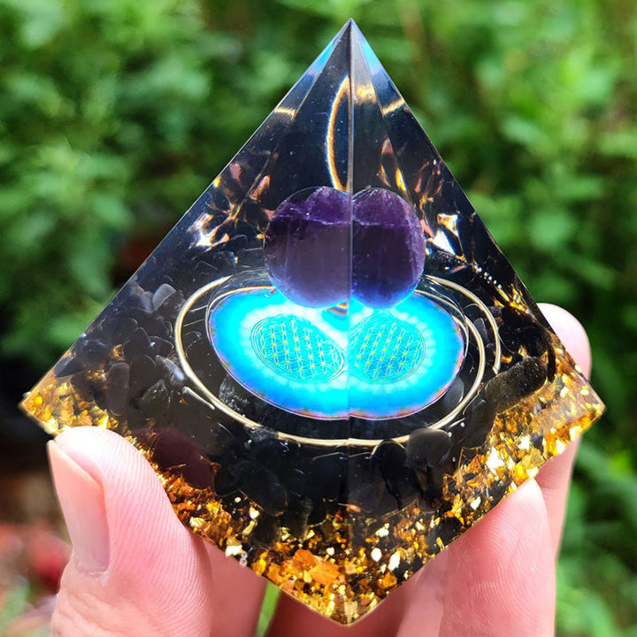 Olivenorma Amethyst Crystal Sphere with Obsidian Orgone Pyramid