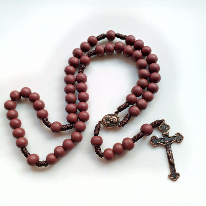 Olivenorma Red Brown 10mm Wooden Bead Cross Rosary Necklace