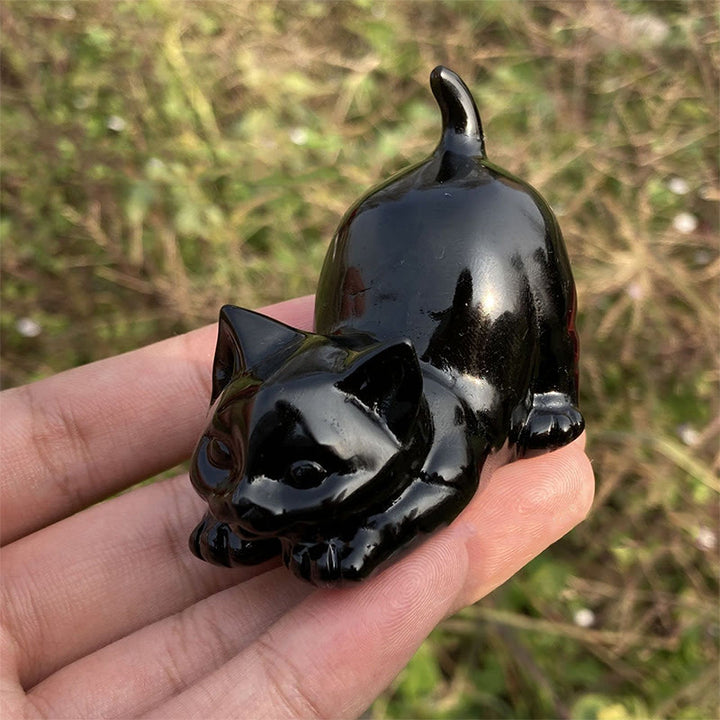 Olivenorma Natural Crystal Obsidian Cat Carving Gemstone Decoration