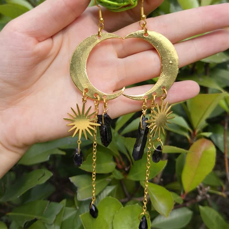 Bohemia Obsidian Sun And Cresent Moon Earrings