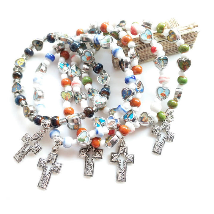 Olivenormacolorful Natural Stone Beads Christianity Cross Bracelet