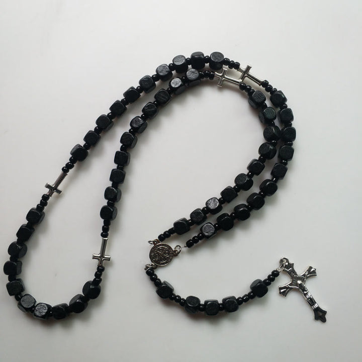 Olivenorma Black Square Wooden Cross Rosary Necklace