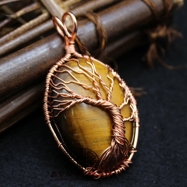 Olivenorma Oval Tiger Eye Tree Of Life Gemstone Necklace