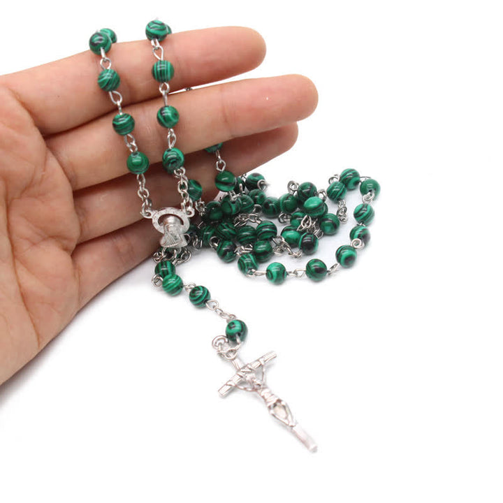 Olivenorma Natural Malachite Cross Rosary Necklace