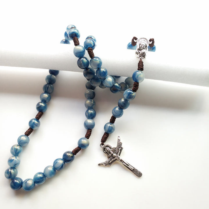 Olivenorma Blue Cat's Eye Stone Jesus Cross Rosary Necklace