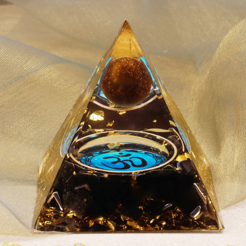 Olivenorma Tiger Eye Obsidian OM Symbol Orgone Pyramid