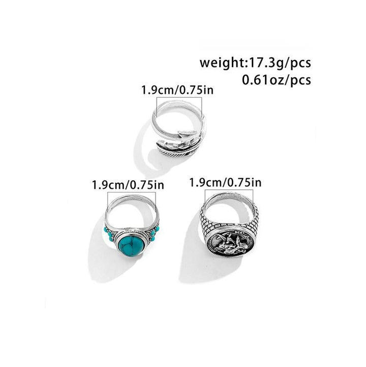 Olivenorma Turquoise Silver Arrow Feather Skull Ring Set