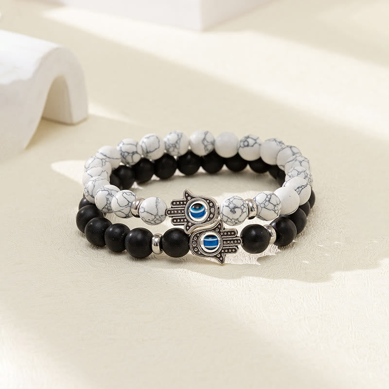 Olivenorma Obsidian White Turquoise Evil Eye Hamsa Bracelet Set