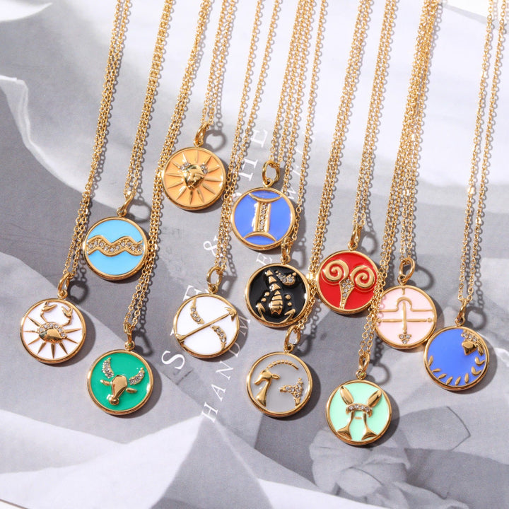 Olivenorma White Zircon Vintage Zodiac Stainless Steel 18k Necklace