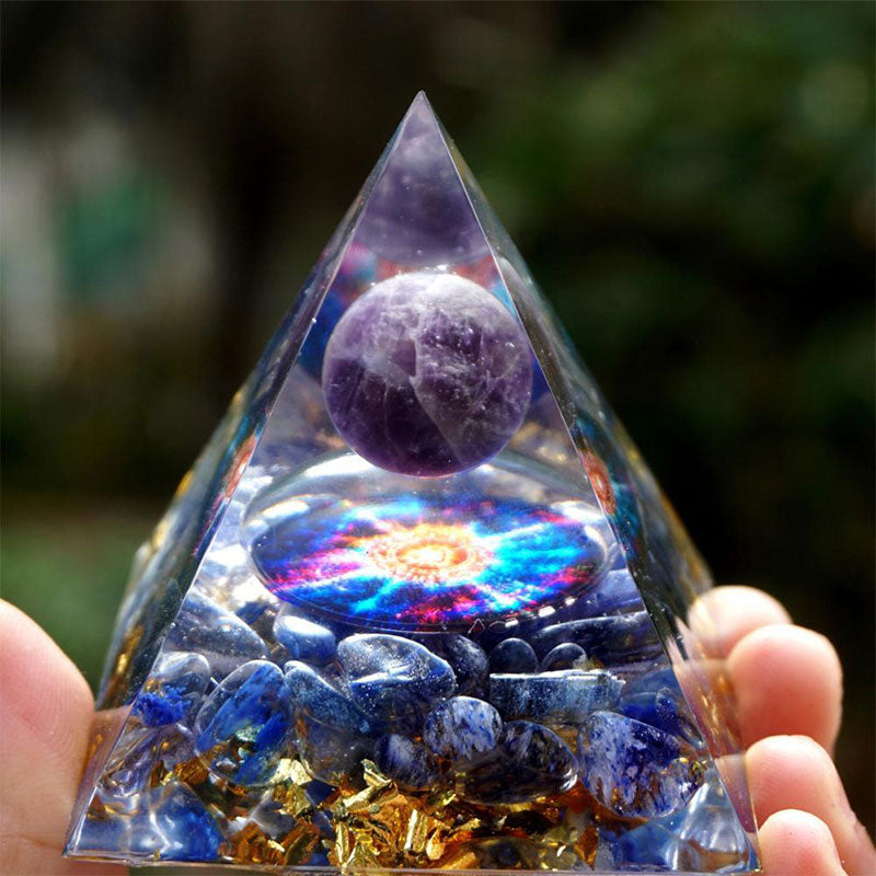 Olivenorma Amethyst Crystal Sphere & Blue Quartz Orgone Pyramid