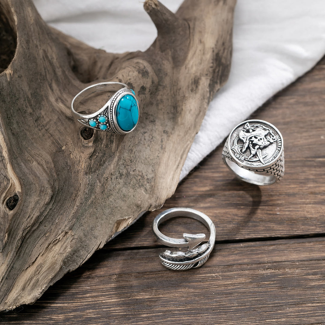 Olivenorma Turquoise Silver Arrow Feather Skull Ring Set