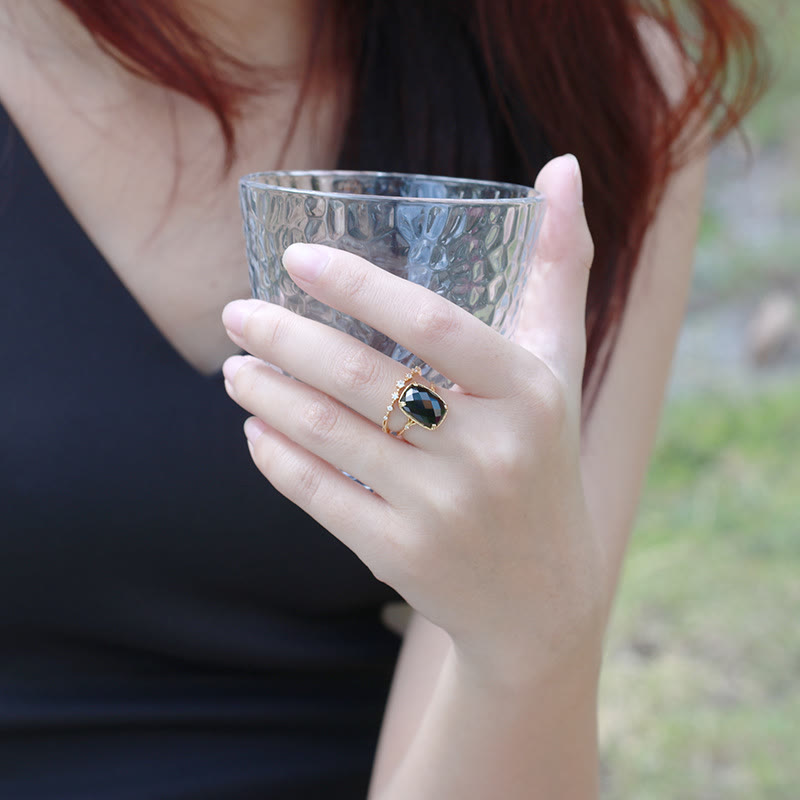 Olivenorma Large Square Aquamarine Black Onyx Vintage Ring