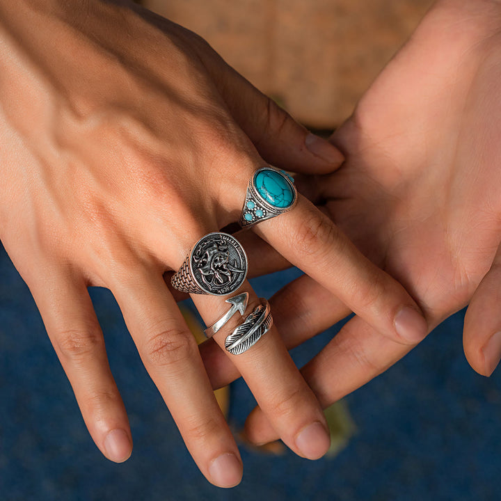 Olivenorma Turquoise Silver Arrow Feather Skull Ring Set