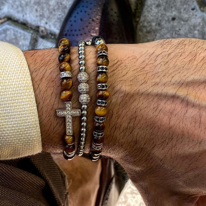 Olivenorma 3Pcs/Set Tiger Eye Stone Beaded Men Cross Bracelet