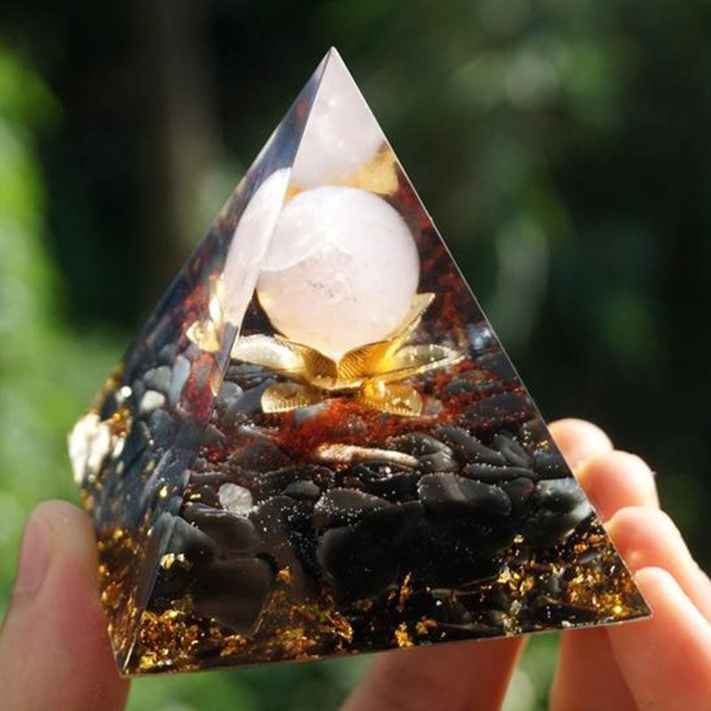 Clear Quartz Obsidian Lotus Symbol Orgone Pyramid