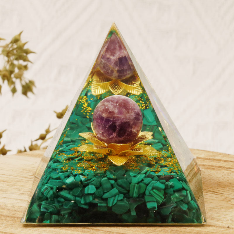 Olivenorma Amethyst Malachite Lotus Symbol Orgone Pyramid