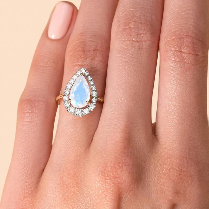 Olivenorma Water Drop Moonstone White Zircon S925 Rose Gold Ring