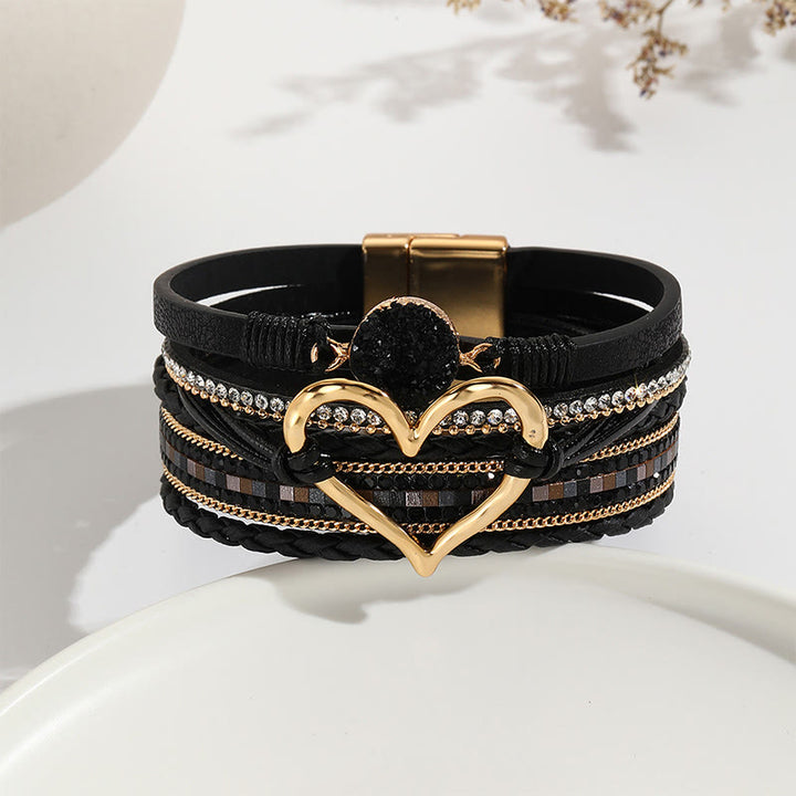 Olivenorma Multicolor Crystal Cluster Metallic Heart Braided Leather Bracelet