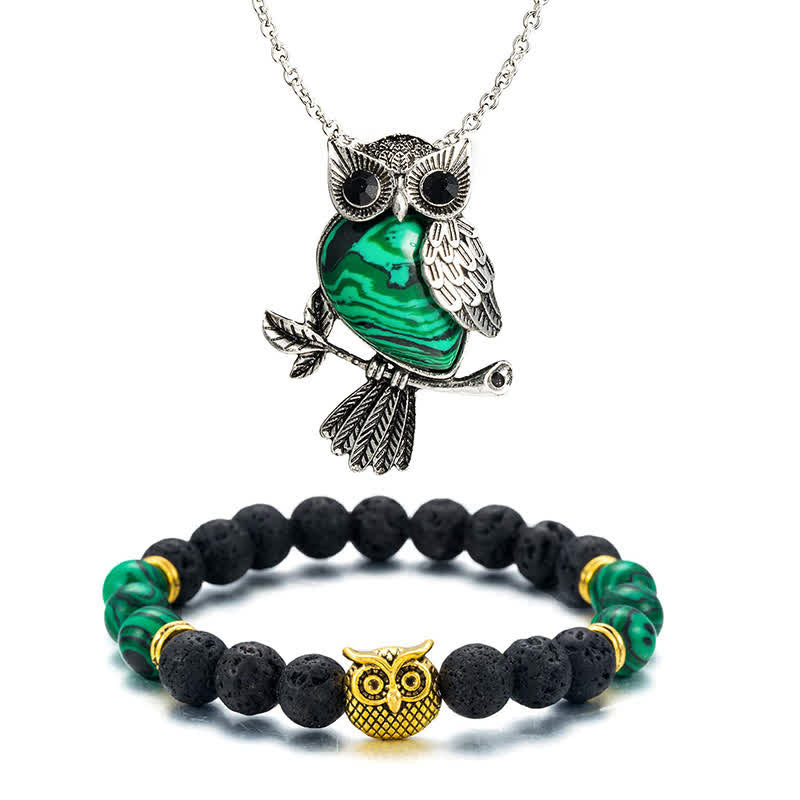 SPIRITUAL ENERGY - Owl Gemstone Necklace with Bracelet Gift Set - Malachite - Silver Chain - image 26