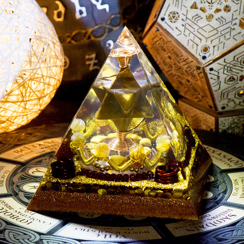 Olivenorma Merkaba Metatron's Cube Tiger Eye Citrine Tower Orgone Pyramid