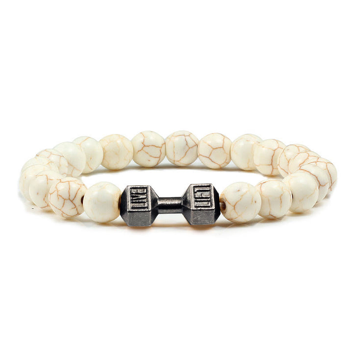 Olivenorma "Live Life" Dumbbells Natural Stone Beads Bracelet - White Turquoise - Black Barbell - 21cm - image 18