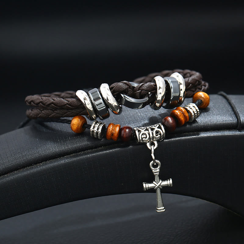 Olivenorma Adjustable Multi Layered Braided Woven Leather Cross Bracelet - Tiger Eye - Dark Brown - image 3