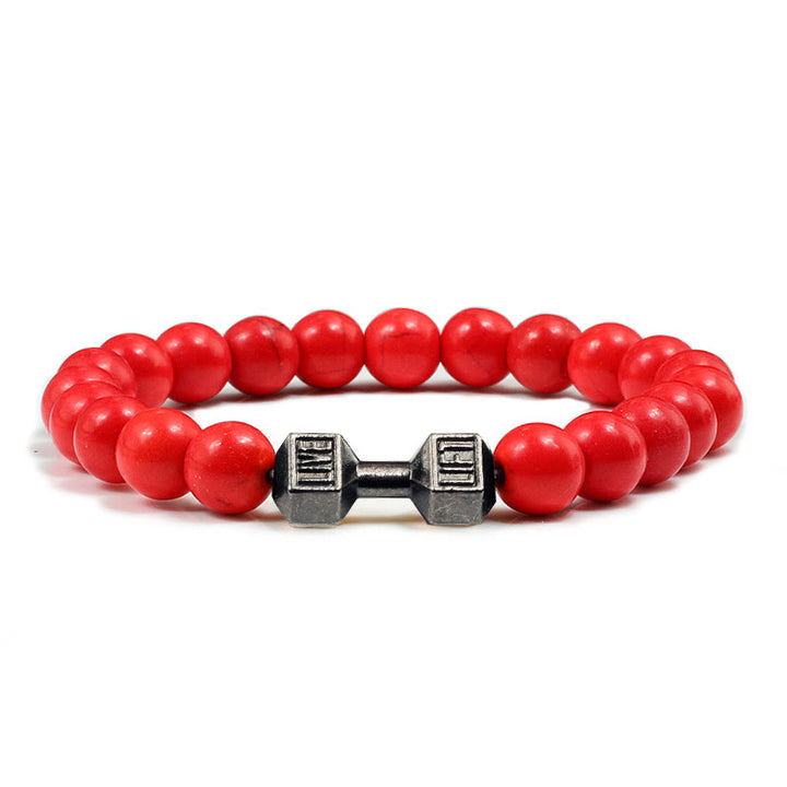 Olivenorma "Live Life" Dumbbells Natural Stone Beads Bracelet - Red Turquoise - Black Barbell - 21cm - image 14
