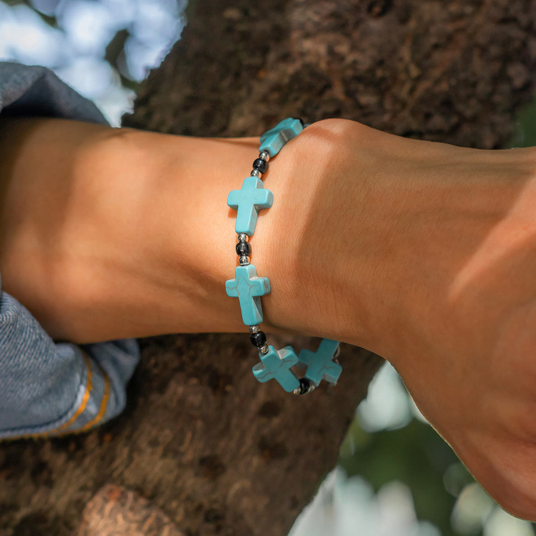 Olivenorma Natural Turquoise Cross Strand Mens Bracelet