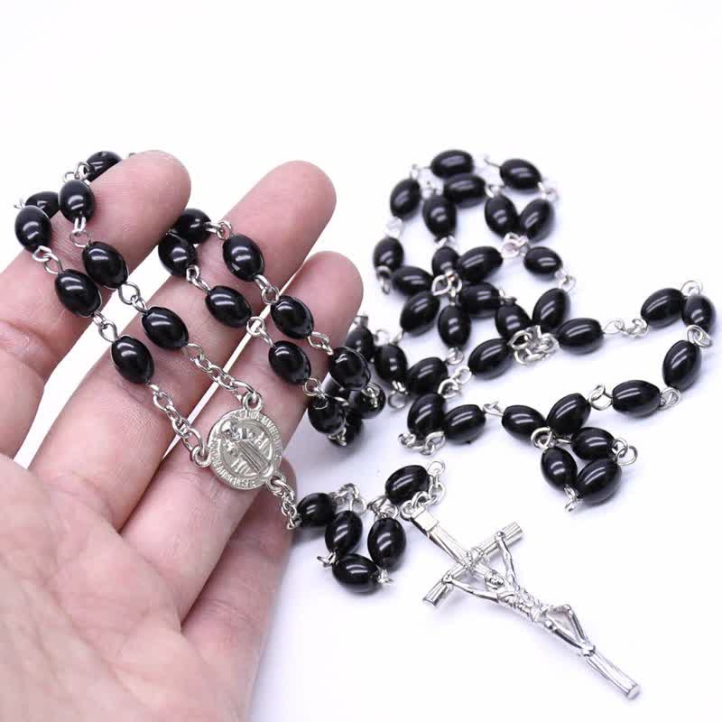 Olivenorma Gothic Cross Black Onyx or Pearl Rosary Necklace