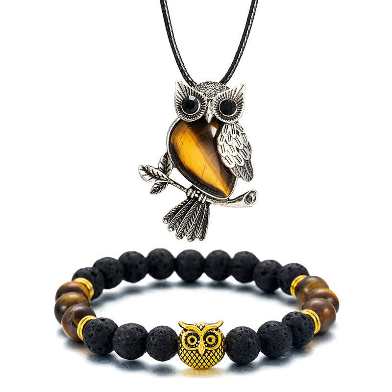 SPIRITUAL ENERGY - Owl Gemstone Necklace with Bracelet Gift Set - Tiger Eye - Leather Chain - image 45