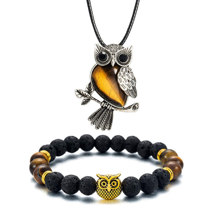 SPIRITUAL ENERGY - Owl Gemstone Necklace with Bracelet Gift Set - Tiger Eye - Leather Chain - image 45