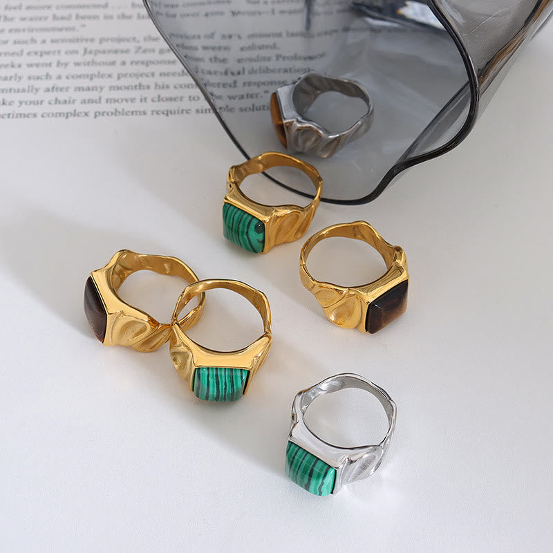 Olivenorma Square Malachite Tiger Eye Gold Silver Titanium Ring