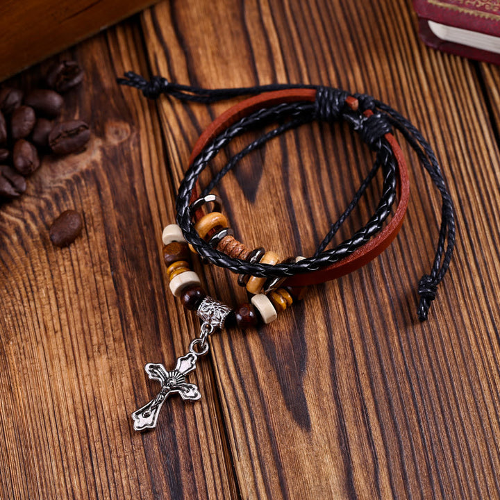 Olivenorma Cross Star Pendant Leather Braided Men Bracelet