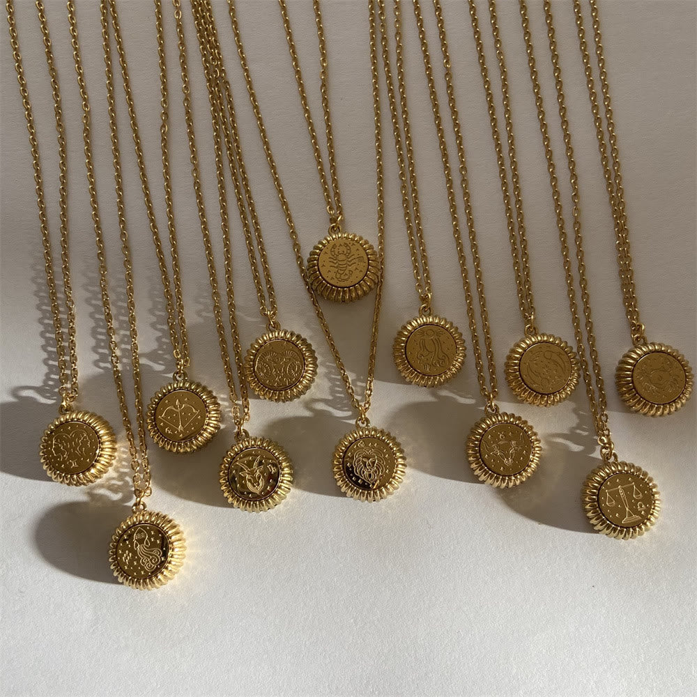 Olivenorma Zodiac Round Pendant 18k Gold Titanium Steel Necklace