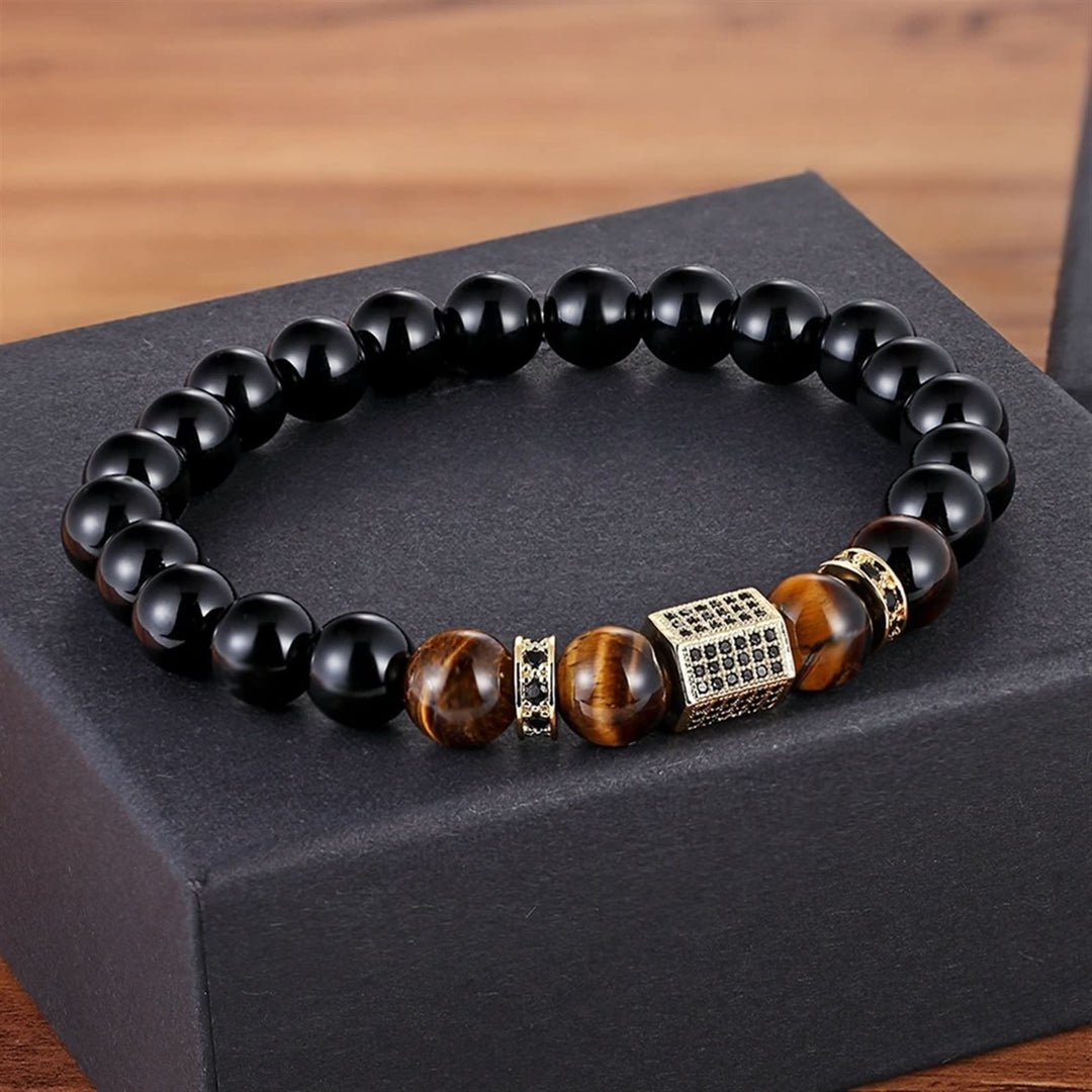 Olivenorma Men's Frosted Black Bead Tiger Eye Bracelet - Glossy Surface - Gold - image 0