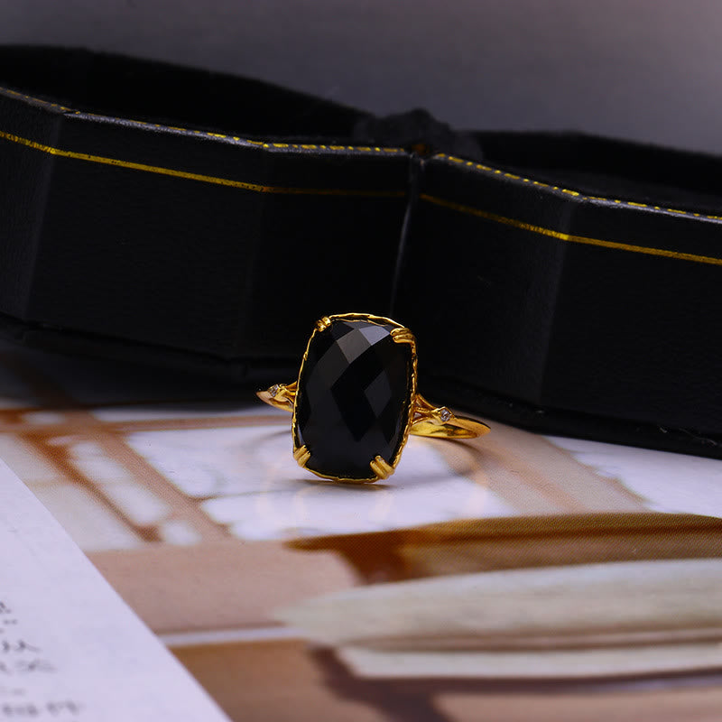 Olivenorma Large Square Aquamarine Black Onyx Vintage Ring