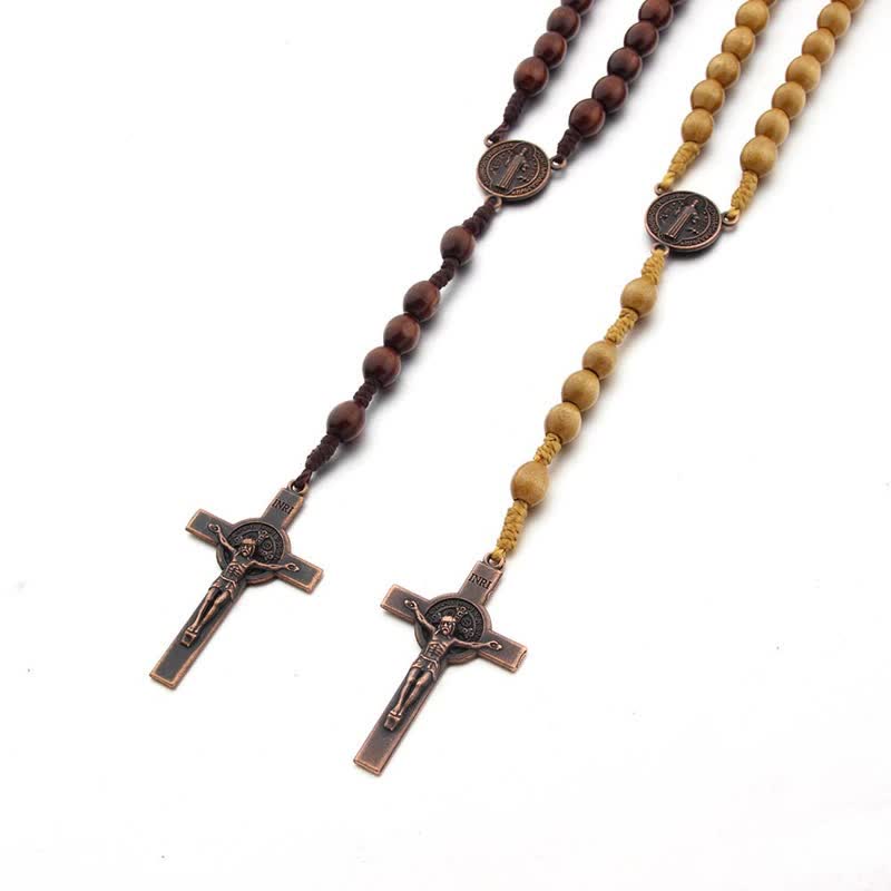 Olivenorma Knitted Vintage Cross Wood Rosary Necklace
