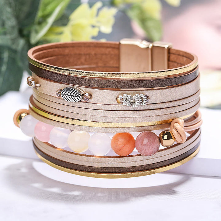 Olivenorma Natural Crystal Beaded Leather Multi-layer Bracelet