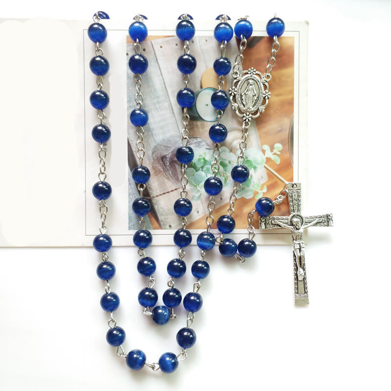 Olivenorma Blue Cat's Eye 8mm Stone Cross Rosary Necklace