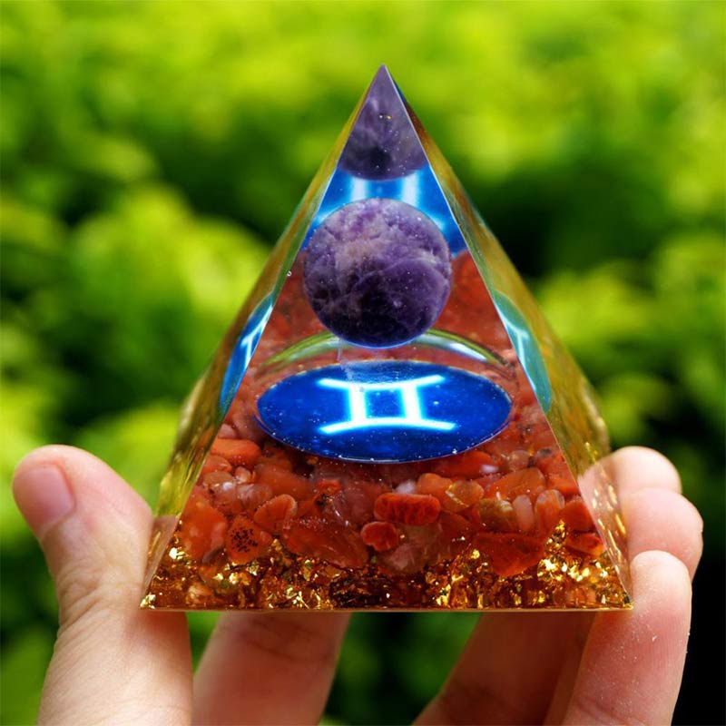 Olivenorma Amethyst with Red Agate Gemini Zodiac Orgone Pyramid