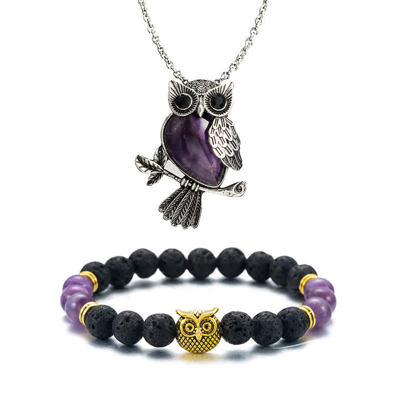 SPIRITUAL ENERGY - Owl Gemstone Necklace with Bracelet Gift Set - Amethyst - Silver Chain - image 1