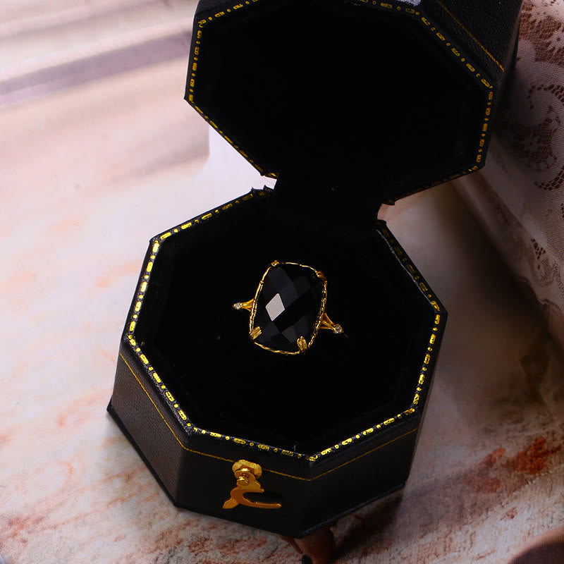 Olivenorma Large Square Aquamarine Black Onyx Vintage Ring
