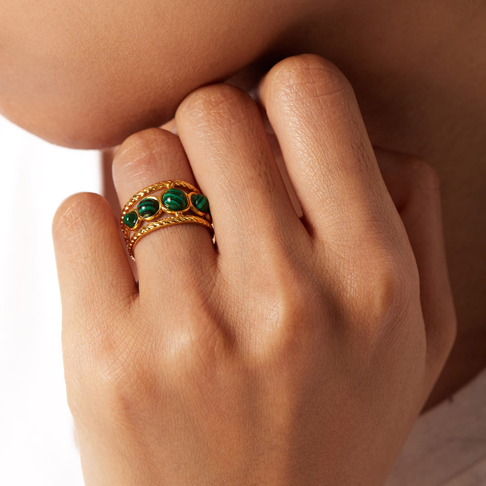 Olivenorma Gold Green Natural Malachite Open Ring Set