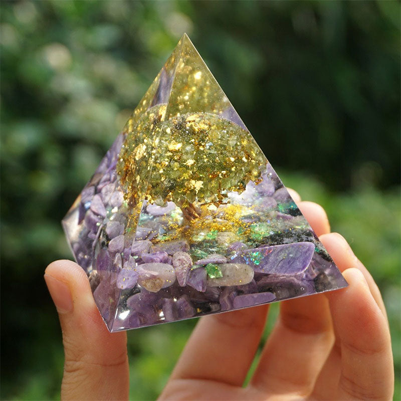 Olivenorma Tree of Harmony-Charoite & Peridot Orgone Pyramid - image 4