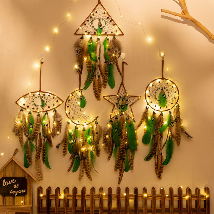 Olivenorma Natural Green Wooden Beads Peacock Feather Dream Catcher